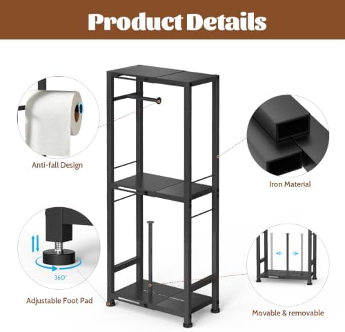 3-Tier Toilet Paper Holder Stand with Storage Shelf, Expandable Width 8.7"-13", Metal Freestanding Slim Floor Standing Toilet Tissue Rack Scroll Stand Roll Dispenser for Bathroom Narrow Space, Black - Image 6