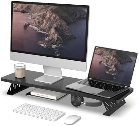 Fenge Monitor Stand Riser, Wooden & Metal Desk Shelf Organizer, Black by Fenge