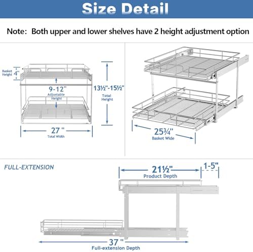2 Tier Individual Pull Out Cabinet Organizer 27" W x 21½" D, Heavy Duty Cabinet Pull Out Shelves, Slide Out Drawers Organization for Kitchen Cabinets Bathroom - Image 3