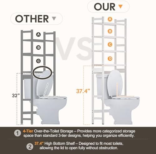 Homde Bathroom Over Toilet Storage Rack: Adjustable 4-Tier Bamboo (White) - Image 4