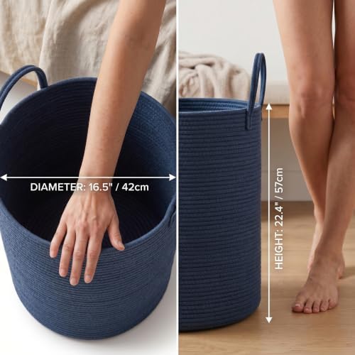 Large Cotton Rope Laundry Basket 80L, Navy Blue Woven Storage Basket with Handles, Decorative Clothes Hamper for Bedroom Living Room, Tall Blanket Basket for Towels Pillows, Modern Organization - Image 2