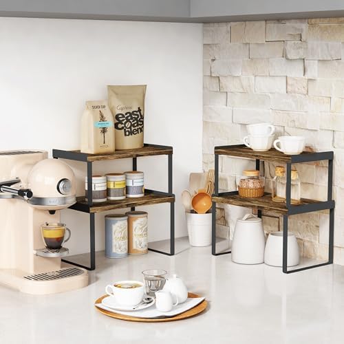 Goozii Kitchen Cabinet Shelf Set of 4, Cupboard Shelves for Plates Dishes Cups Mugs Spices, Pantry Cupboard Cabinet Organizers and Storage Shelves Rack Insert for Countertop (Brown) - Image 2