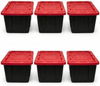 CLMSTE6 Pack Large Storage Bins with Snap Lids, 27 Gallon Black and Red Totes for Garage & Basement, Stackable Heavy Duty Plastic Containers for Home Organization by Unknown
