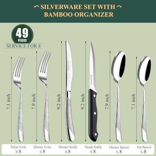 49 Pieces Silverware Set with Bamboo Organizer,Hammered silver - Image 2