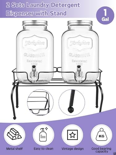 2 Pack 4L Laundry Detergent Dispenser with Stand, Glazeal 1 Gallon Glass Containers for Fabric Softener, Bleach & Laundry Room Organization, Includes 2pcs Measuring Cup & 2pcs Chalkboards - Image 2