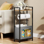 Toilet Paper Holder Free Standing with Storage Basket, Bathroom Tissue Holder Stand with Top Wood Shelf for Phones, Wet Wipes, Small Plants, Metal Toilet Paper Rack for Bathroom Organizer, Black - Image 3