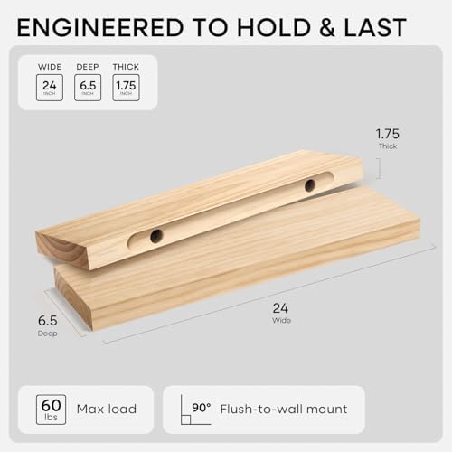 Homeforia 24 Inch Floating Shelves, High-End Solid Pine Wood, Set of 2 - Image 2