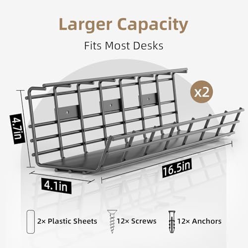 2 Pack DELAMU Under Desk Cable Management Tray, Large Metal Cord Organizer, Office & Home Cord Wire Management Under Desk Shelf, Easy Install Pre-drilled Cable Organizer, Black - Image 3