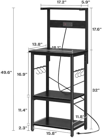 SUPERJARE 4 Tier Bakers Rack with Power Outlets, Microwave Stand with Adjustable Shelf, Kitchen Shelf Organizer for Small Space, Coffee Bar with 6 S Hooks, Kitchen Storage Rack, Black - Image 5