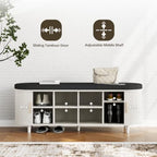 DHH 2-Tier Storage Bench,Wide Shoe Bench with Thickened Padded Seat Cushion, Mid Century Modern Fluted Sliding Door and Adjustable Shelf, for Entryway, Living Room, Bedroom (Grayish White, 51.2”) - Image 3