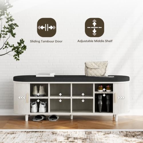 DHH 2-Tier Storage Bench,Wide Shoe Bench with Thickened Padded Seat Cushion, Mid Century Modern Fluted Sliding Door and Adjustable Shelf, for Entryway, Living Room, Bedroom (Grayish White, 51.2”) - Image 3