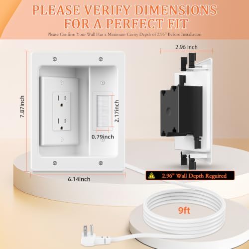 in Wall Cable Concealer Kit with Brush Wall Plate,Recessed Outlet Box,9ft Cord,2 Gang Pass Through Wire Hider for TV Cable Management,HDMI Cables and Home Theater Systems - Image 2
