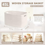 45L Small Woven Laundry Basket Hamper with Handles, White - Image 2