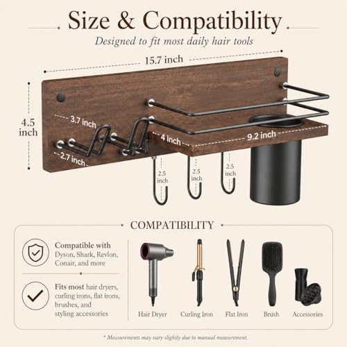 RoleDes Wooden Hair Dryer Holder Wall Mounted, Bathroom Hair Tool Organizer, Blow Dryer Holder Shelf, Curling Iron and Hair Styling Tools Organizer - Image 2