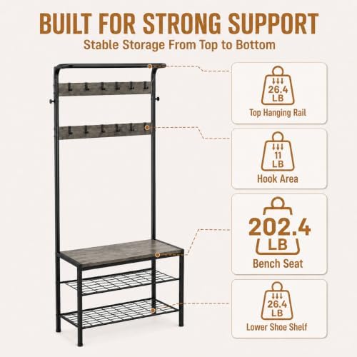 Simple Deluxe 4-in-1 Hall Tree with Bench and Shoe Storage, Entryway Coat Rack with 10 Hooks, Freestanding Mudroom Organizer with 2-Tier Shoe Rack for Entryway Bedroom Foyer, Grey - Image 3