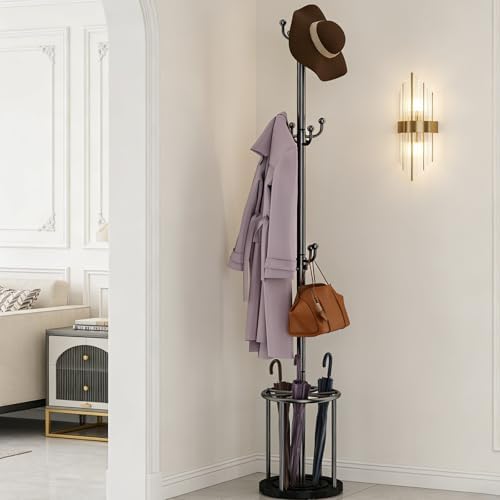 Coat Rack Freestanding, Coat Rack Stand with Umbrella Holder, Coat Tree, Coat Hanger Stand with 12 Hooks for Clothes Bag Hats, Hat Rack Hall Tree Coat Hanger Umbrella Stand for Entryway by WeGXY
