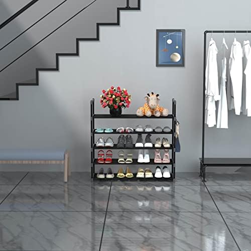 Hsscblet Shoe Rack for Closet, 5-Tier Metal Shelf Storage with Hooks, Black - Image 4