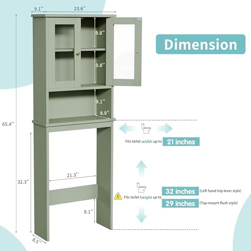 Shintenchi Over the Toilet Storage Cabinet, Bathroom Shelf Organizer with Anti-Tip Device Small Freestanding Space Saver with Adjustable Shelf and Glass Door, Green - Image 2
