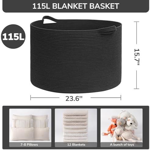 INDRESSME 115L Extra Large Woven Rope Blanket Basket Living Room, Black - Image 2