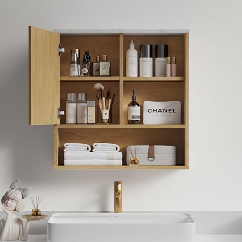 FerniTry Farmhouse Bathroom Wall Cabinet Fluted,Medicine Cabinet Over The Toilet Storage Cabinet with Adjustable Shelf, Wood Wall Mounted Storage Cabinet Organizer (Oak, Medium) - Image 2