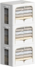 FHSQX 3 Pack Clothes Storage Bins Foldable Metal Frame Storage Box Stackable Linen Fabric Container Organizer Set with Carrying Handles and Clear Window (Cream White, 15.7x11.8x11.8inch(36L)) by FHSQX