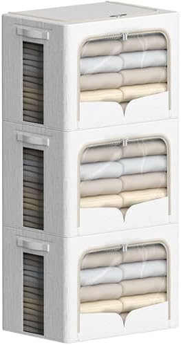 FHSQX 3 Pack Clothes Storage Bins Foldable Metal Frame Storage Box Stackable Linen Fabric Container Organizer Set with Carrying Handles and Clear Window (Cream White, 15.7x11.8x11.8inch(36L)) by FHSQX
