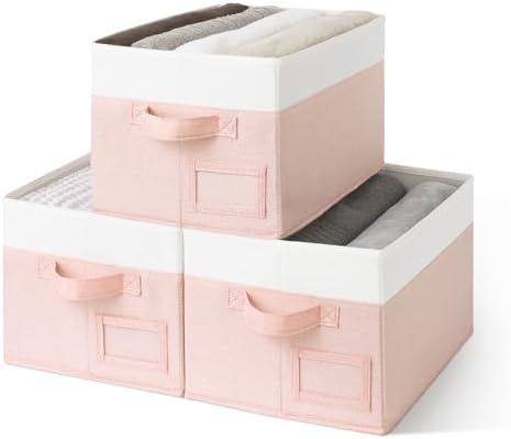 GRANNY SAYS Closet Shelf Baskets with Label, Pink&Ivory, Large, 3-Pack by GRANNYSAYS