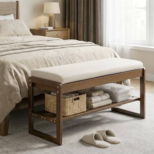 Shoe Rack Bench with Cushion, 2-Tier Entryway Bench with Storage for Front Entrance, Hallway Living Room Bedroom (Walnut, 31.5") - Image 6