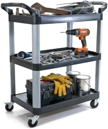 Commercial Heavy-Duty Utility Service Cart | 3 Shelf | | 450 Lbs Max Capacity | Rolling Utility Cart W 33" x H 37" x D 16" Black by FaragJanitorial