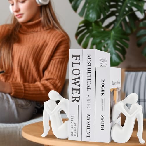 White Decorative Bookends, Girl Thinker Design, Modern Resin Book Stoppers, Non-Skid Heavy Duty, 1Pair/2Piece - Image 5