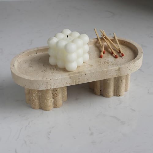 Natural Travertine Marble Oval Tray with 2 Legs, 10" Vanity Decorative Tray for Countertop Organizer, Catchall Tray for Perfume, Candles, Jewelry Dish - Image 2