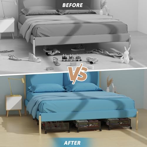 Under Bed Storage with Wheels 47.2"(L)/57.6L Large Rolling Under Bed Storage, Metal Underbed Containers on Wheels, Tool-Free Assembly Foldable Metal Underbed Drawers for Shoes Clothes Toys - Image 6