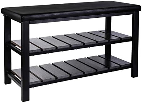 Finnhomy 3-Tier Shoe Rack Bench Cushion. Holds Up to 400 lb Rack, for Entryway, Bedroom, Hallway, Accent Furniturn, Elegant Black Wood by Finnhomy
