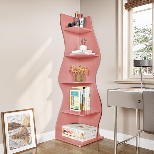 LITTLE TREE Small Corner Shelf, Modern 5-Tier Wall Corner Bookshelf, Stylish Bookcase Storage Rack for Small Space, Living Room, Bedroom, Pink, 1 Pack - Image 6