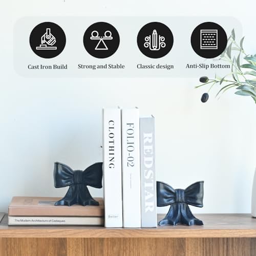 Metal Bookends Set of 2, Heavy Duty Book Ends for Heavy Books, Black Decorative Bookends for Shelves Desk Office Home Decor - Image 2