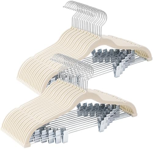 48-Pack Beige Velvet Hangers with Clips Adjustable,Adult Hangers,Heavy-Duty,Felt,Non-Slip,Space Saving,Slim Outfit Hanger for Pants, Skirts, Suits,Coats, Dresses ect. by Uilmart