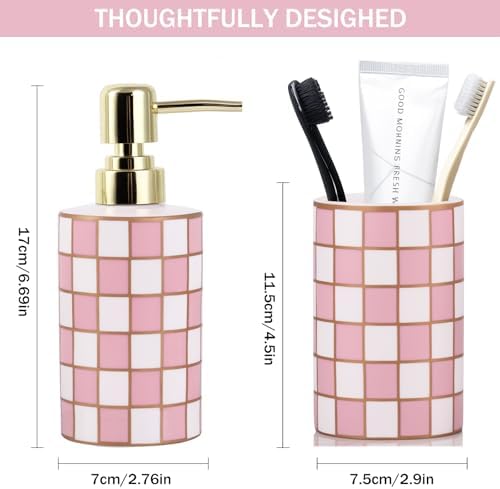 Bathroom Toothbrush Holder Set, Ceramic Checkered Soap Dispenser and Tooth Brush Holder Set, Modern Bathroom Accessories Sets Countertop, Black and White Checkered Bathroom Decor Set (Pink) - Image 2