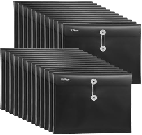 Plastic Expandable Envelopes Files Document Folders, for Letter A4 Size, with String Tie Closure - 1-1/4 Inch Expansion - for School Office & Home (Black, Horizontal) by WORPSON