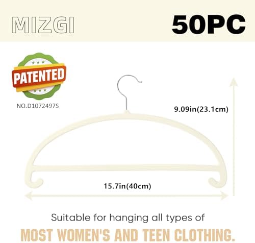 MIZGI 50 Pack Ivory Velvet Hangers - No Shoulder Bumps, Heavy Duty Non-Slip Chrome Hooks for Jackets, Coats, Pants - Image 6