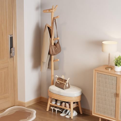 AQIMUELE Shoe Bench with Coat Rack, Shoe Rack with 9 Hooks, Natural by AQIMUELE