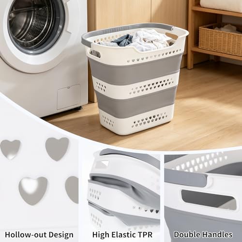 2 Pcs Collapsible Laundry Baskets, 43L Plastic Laundry Hamper for Dirty Clothes Dorm Bedroom, Space Saving Pop-Up Laundry Hamper Container, Foldable Durable Laundry Basket with Handle - Image 3