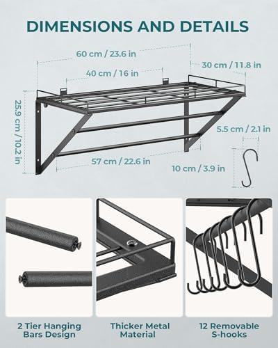 OROPY 23" Pot Rack Wall Mounted, Pot Organizer with 2 Tier Hanging Rails - Image 4