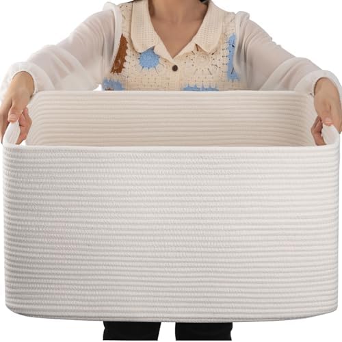 OIAHOMY 75L Large Blanket Basket Woven Storage Basket with Handle White by MasterofSpaceOptimization
