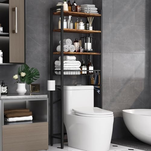 Kalrin Over-The-Toilet Storage Rack, 4-Tier Bathroom Organizer Shelf Over Toilet with Adjustable Shelf and Basket, Freestanding Space Saver Bathroom Shelves Above Toilet for Room (Vintage Brown) by Kalrin