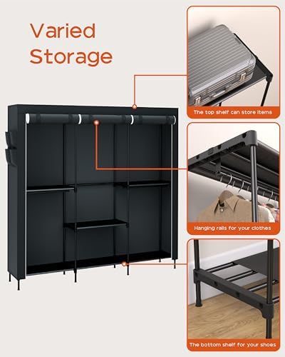 CASAMAYA Portable Closet, 81.5 Inch Extra Large Capacity Wardrobe Closet with Cover, Clothes Storage Organizer with Shelves and 5 Hanging Rods, Easy to Assembly, Black PCT136B01 - Image 6