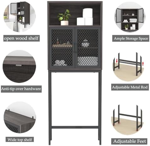 Launica 65 Inch Over The Toilet Storage Cabinet Wood and Metal Dark Gray - Image 4