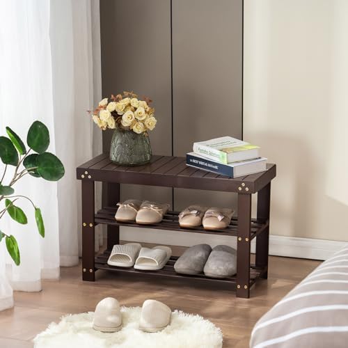 Apicizon Bamboo Shoe Rack Bench, 3-Tier Entryway Organizer, Brown - Image 6