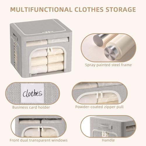 FHSQX 6 Pack Foldable Storage Bins for Clothes Clothes Storage Bins with Metal Frame Stackable Storage Box with Lid (Light Grey, 16.5x12.2x12.2 inch (40L)) - Image 2