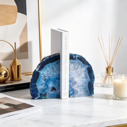 Natural Blue Dyed Agate Geode Bookends - 3 to 4 lb Heavy Duty Rock Crystal Stone Book Ends for Shelves, with Rubber Bumpers, Decorative Book Holders for Home Office - Image 7