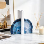 Natural Blue Dyed Agate Geode Bookends - 3 to 4 lb Heavy Duty Rock Crystal Stone Book Ends for Shelves, with Rubber Bumpers, Decorative Book Holders for Home Office - Image 7